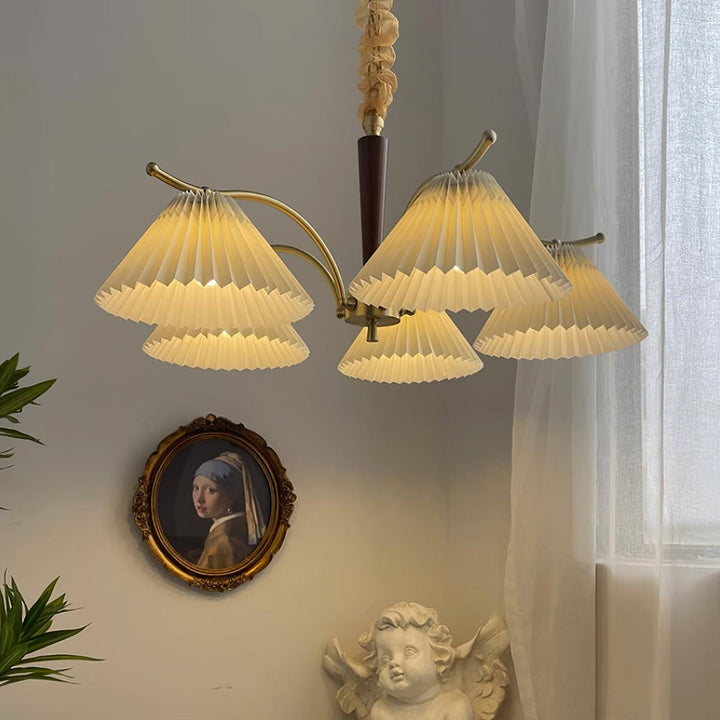 Lampadario Pleated Fabric Shades Walnut ottone Arms Warm Retro in legno
