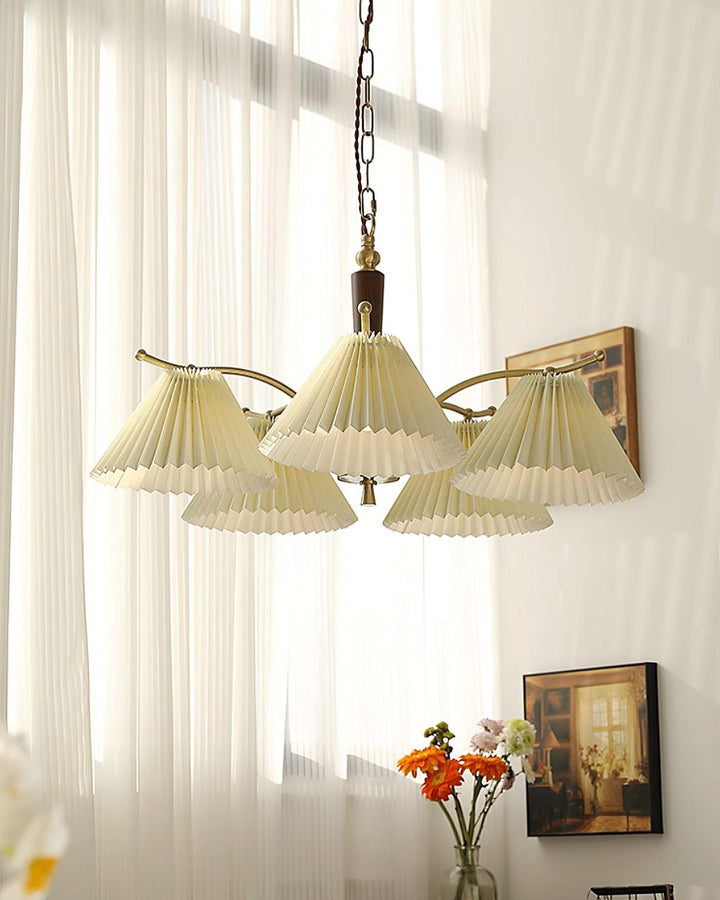 Lampadario Pleated Fabric Shades Walnut ottone Arms Warm Retro in legno
