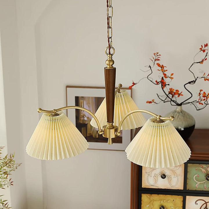 Lampadario Pleated Fabric Shades Walnut ottone Arms Warm Retro in legno