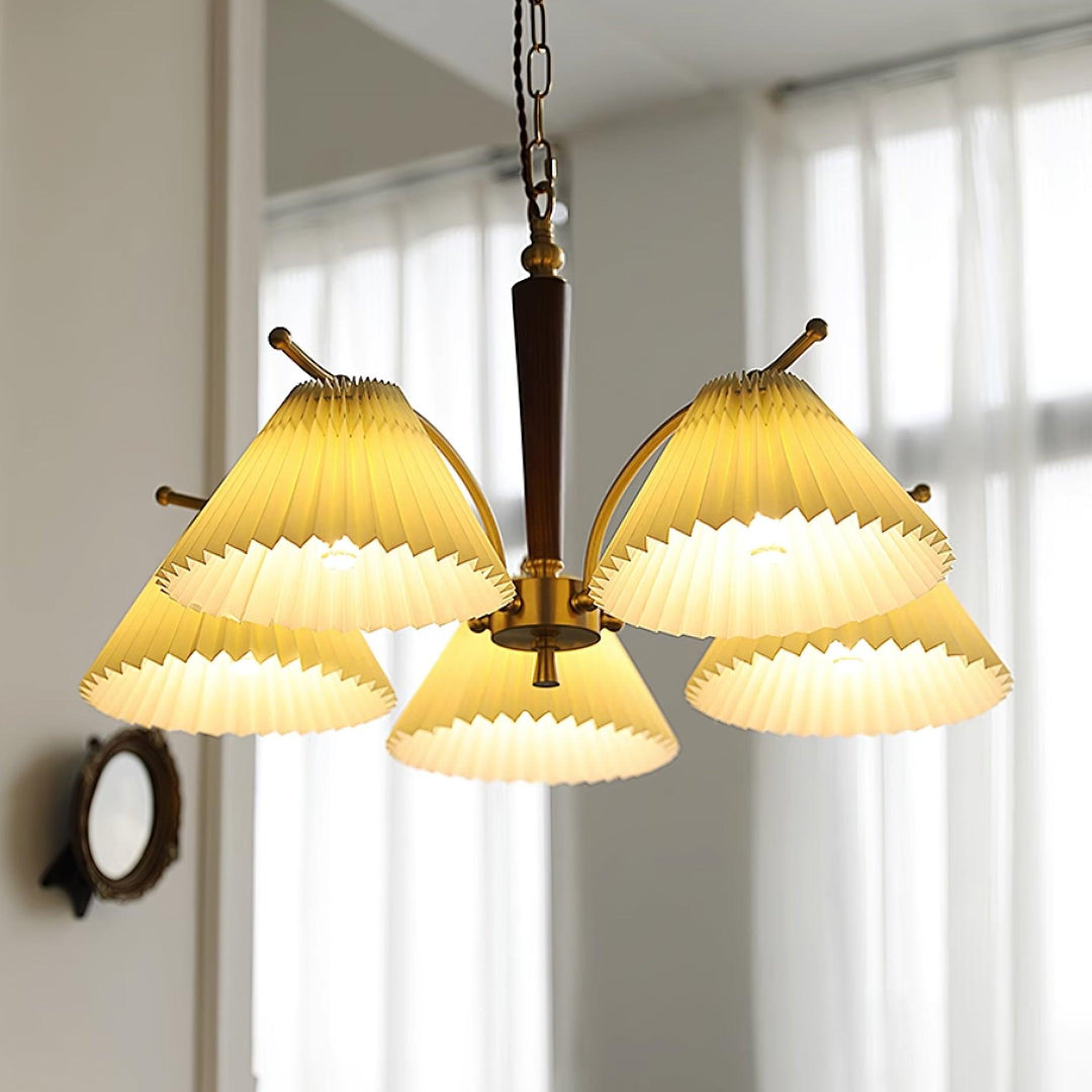 Lampadario Pleated Fabric Shades Walnut ottone Arms Warm Retro in legno