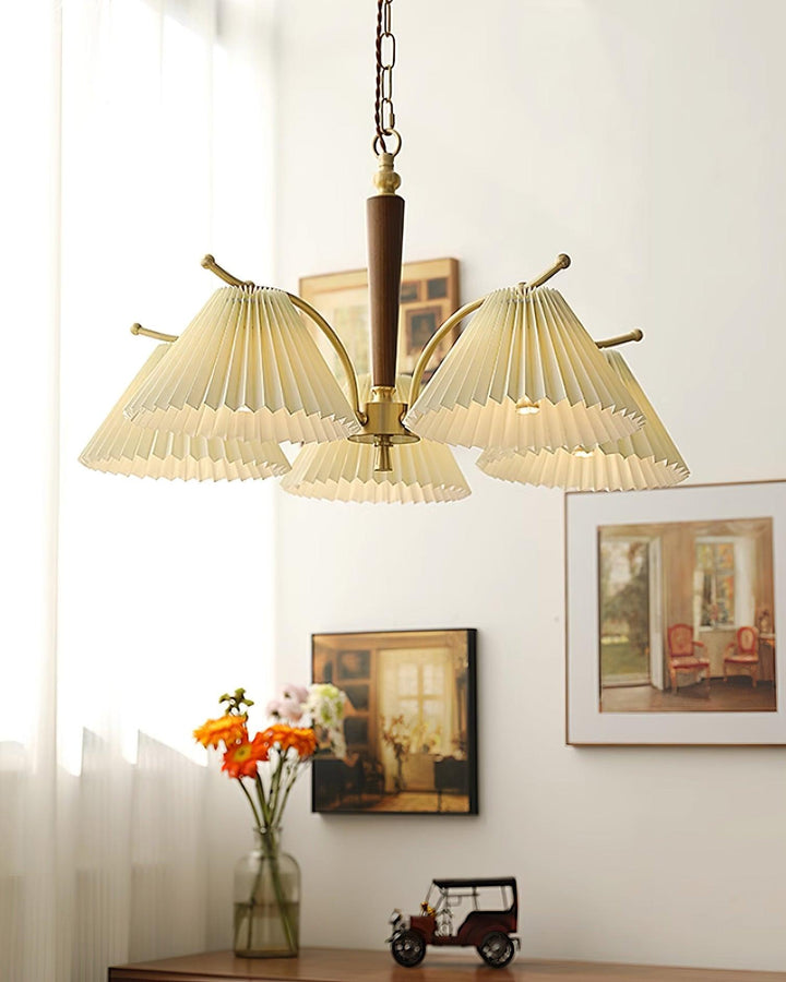 Lampadario Pleated Fabric Shades Walnut ottone Arms Warm Retro in legno