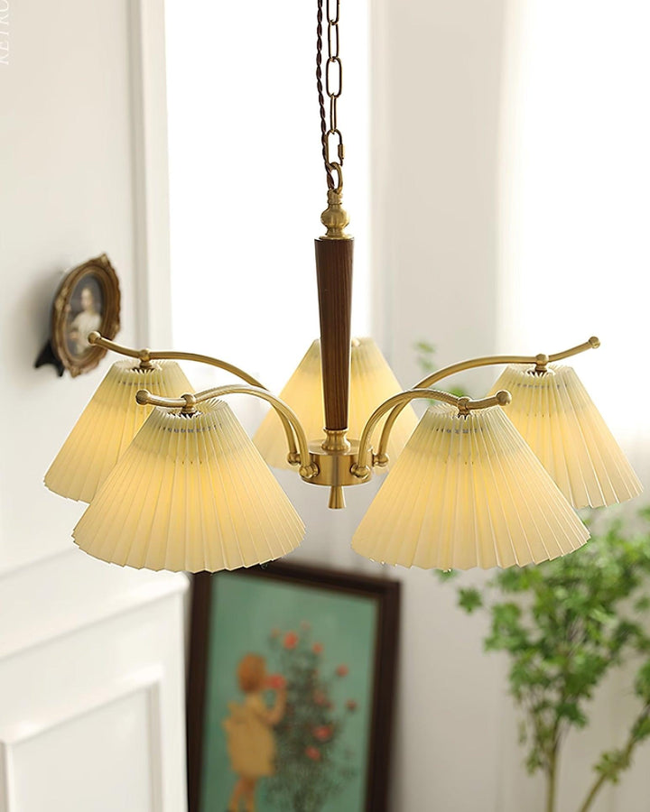 Lampadario Pleated Fabric Shades Walnut ottone Arms Warm Retro in legno