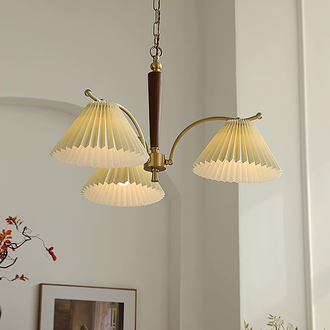 Lampadario Pleated Fabric Shades Walnut ottone Arms Warm Retro in legno