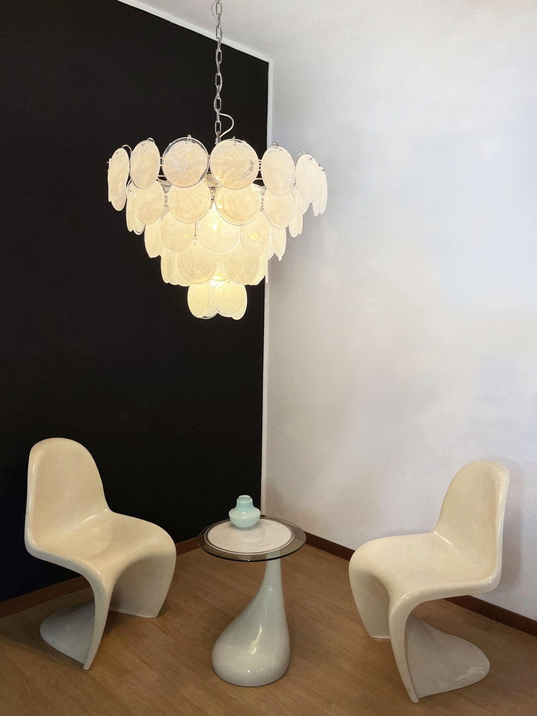 Veloelle lampadario in vetro di Murano bianco Disco contemporaneo