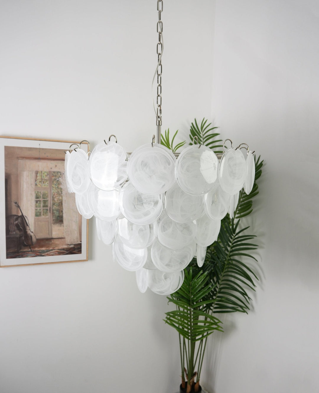 Veloelle lampadario in vetro di Murano bianco Disco contemporaneo