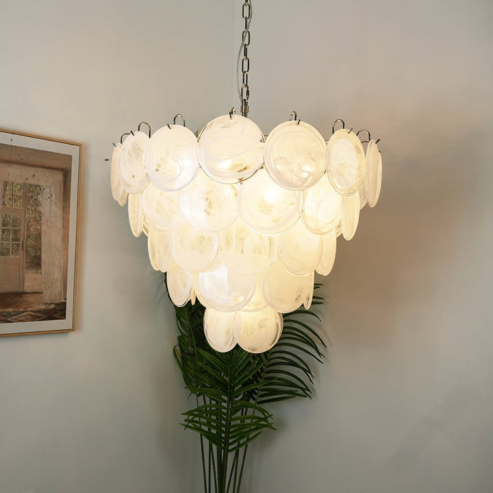 Veloelle lampadario in vetro di Murano bianco Disco contemporaneo