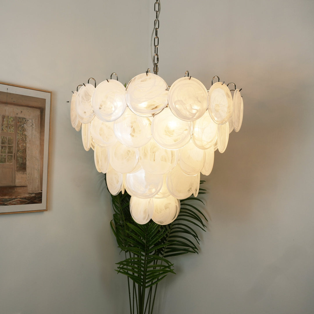Veloelle lampadario in vetro di Murano bianco Disco contemporaneo