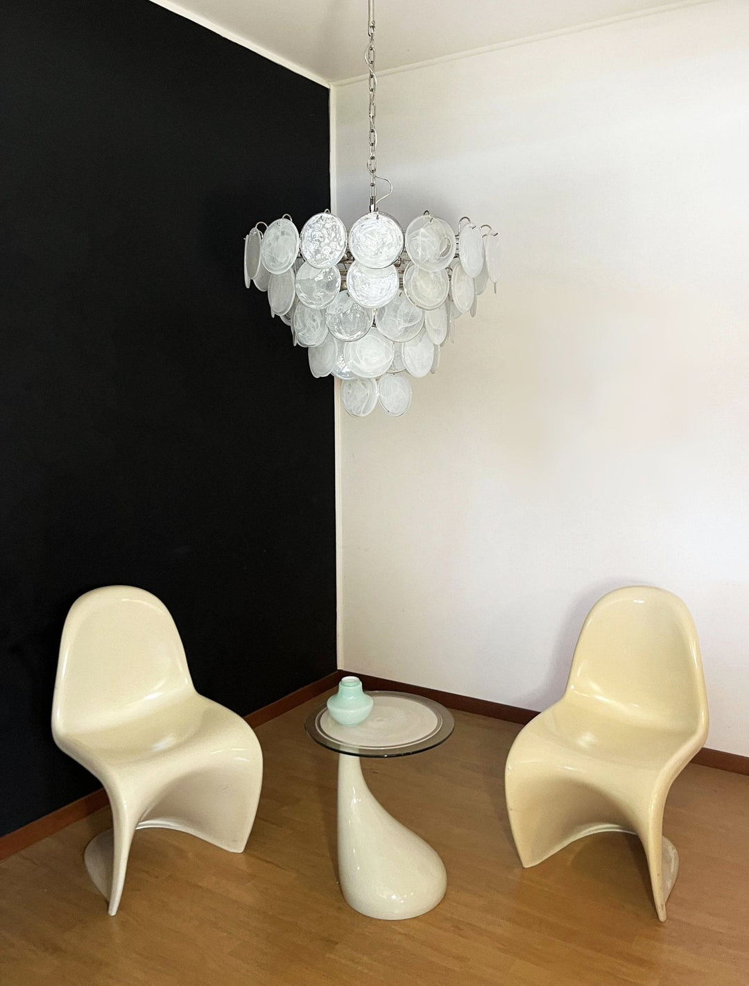 Veloelle lampadario in vetro di Murano bianco Disco contemporaneo