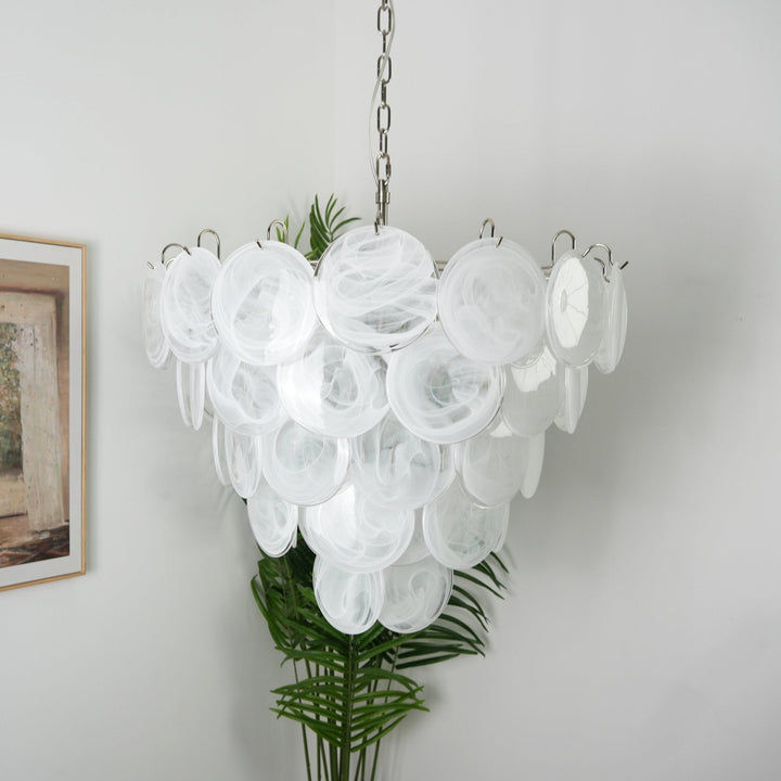 Veloelle lampadario in vetro di Murano bianco Disco contemporaneo