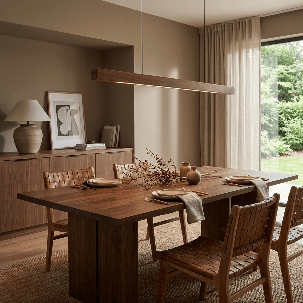 Lampada a sospensione lineare in legno color noce