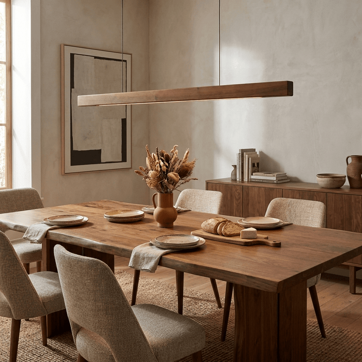 Lampada a sospensione lineare in legno color noce